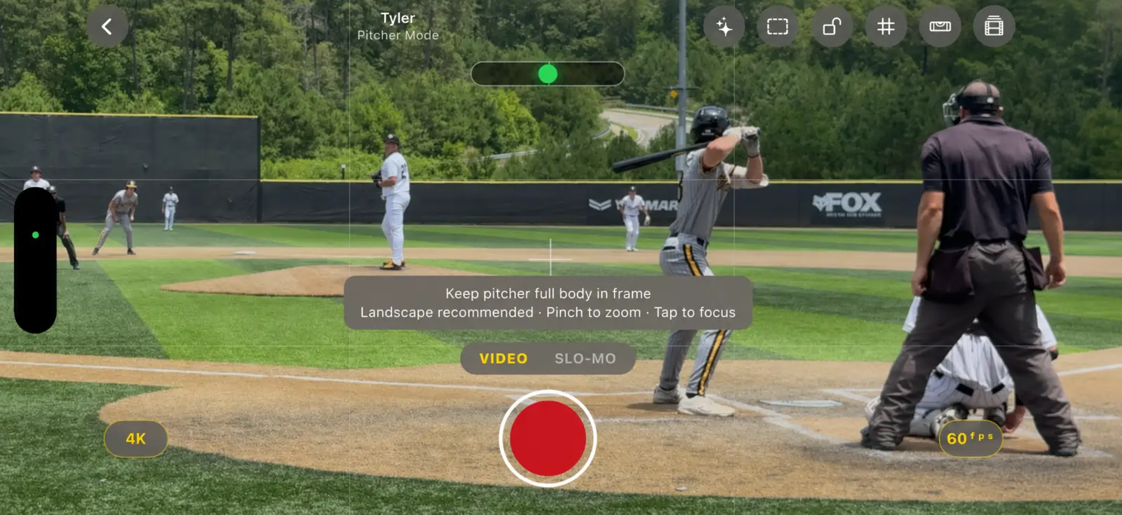 GameClip AI recording a baseball game in Pitcher Mode with on-screen framing and video controls