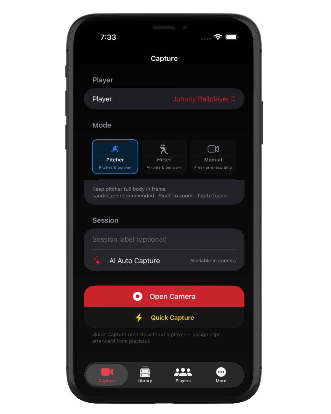 GameClip AI pitcher capture setup screen