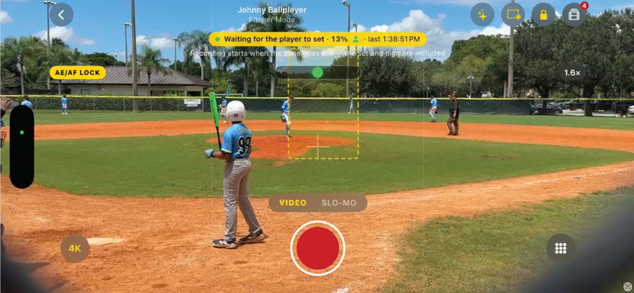 GameClip AI recording a baseball game in Pitcher Mode with on-screen framing and video controls