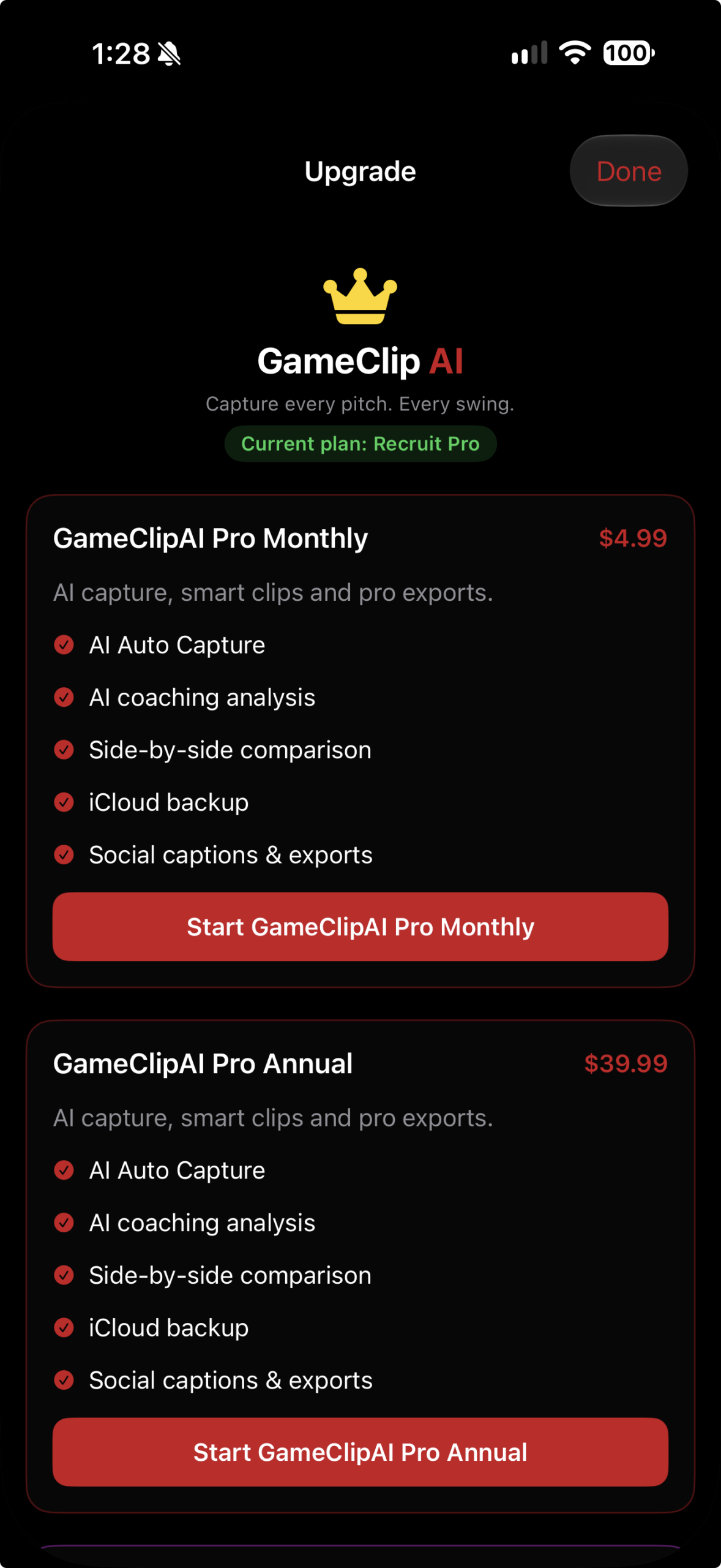 GameClip AI subscription upgrade screen