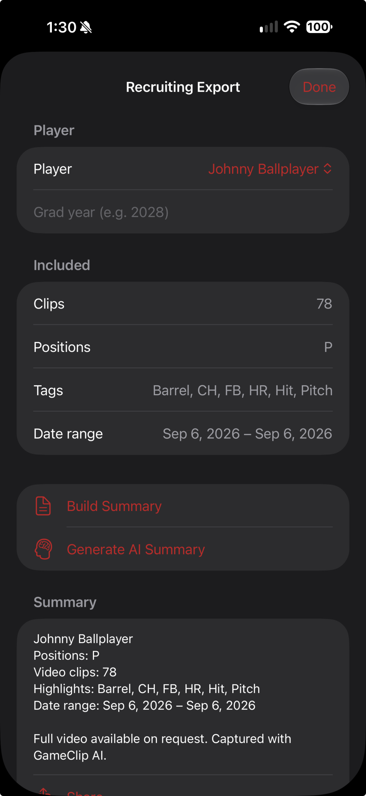 GameClip AI Recruiting Export summary screen