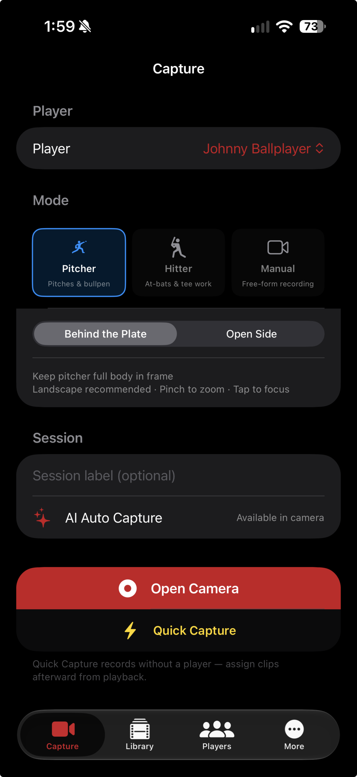 GameClip AI Capture setup with player, mode, and session label
